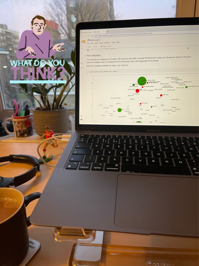 Laptop screen showing keyword clustering in python